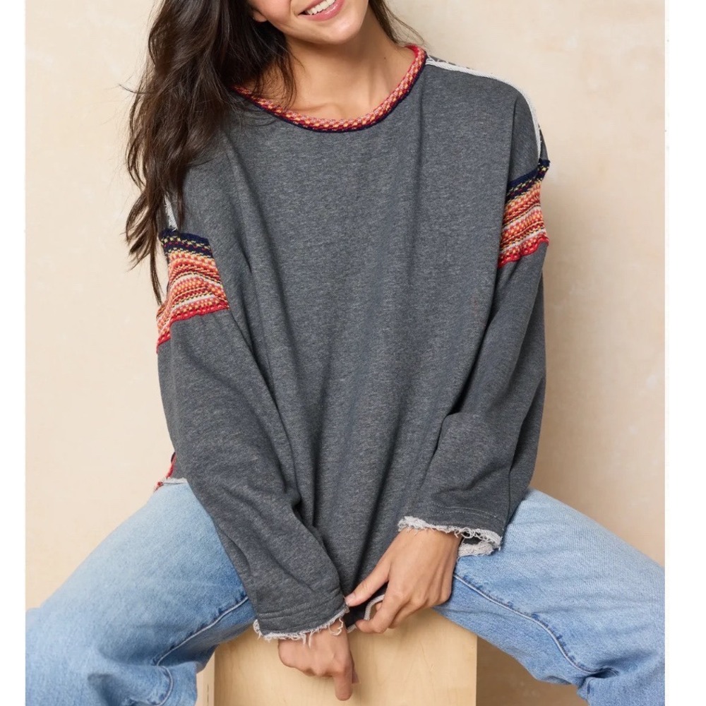 Natural Life Gray Knit Trim Sweater SM Boho oversized cozy Pullover 72%cotton